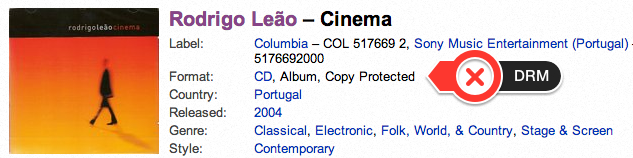 Captura de ecrã do website Discogs, que mostra o Álbum Cinema de Rodrigo Leão. Na secção “Format”, inclui a etiqueta “Protected”