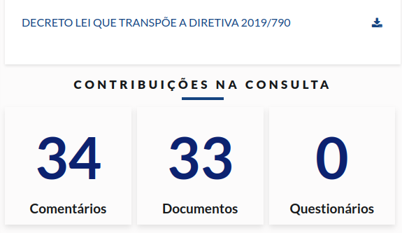 Captura de ecrã que mostra que houve 34 comentários e 33 documentos submetidos na consulta pública do Decreto Lei que transpõe a directiva 2019/790